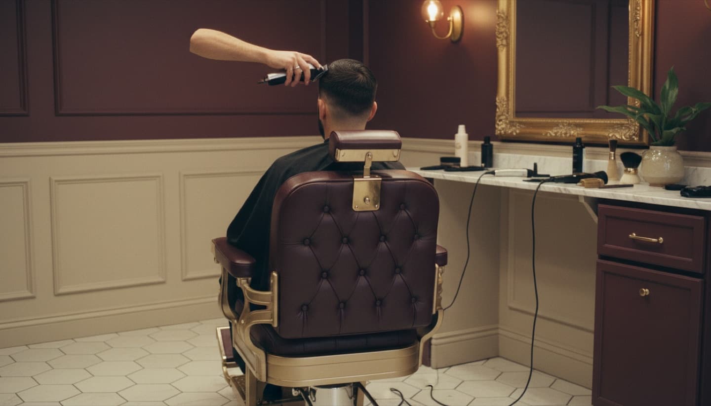 A barber fading a client's hair with clippers in a classic barbershop