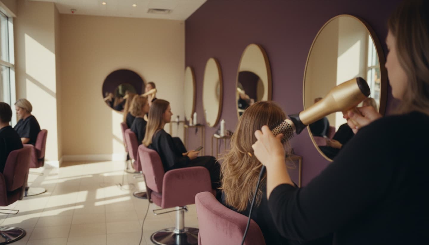 A stylist blow-drying a client's hair at a blow-dry bar