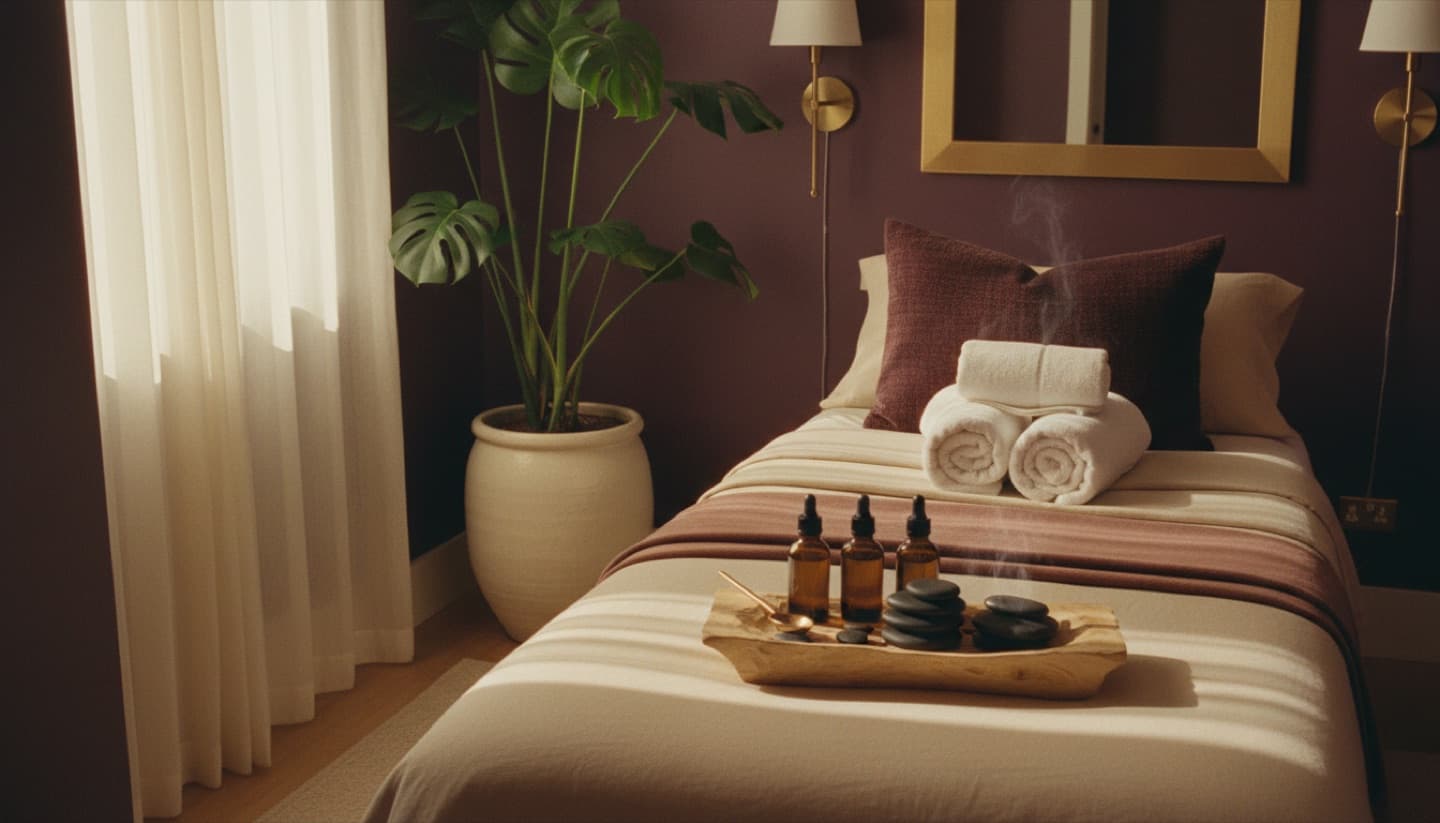 A calm spa treatment room with towels and warm low light