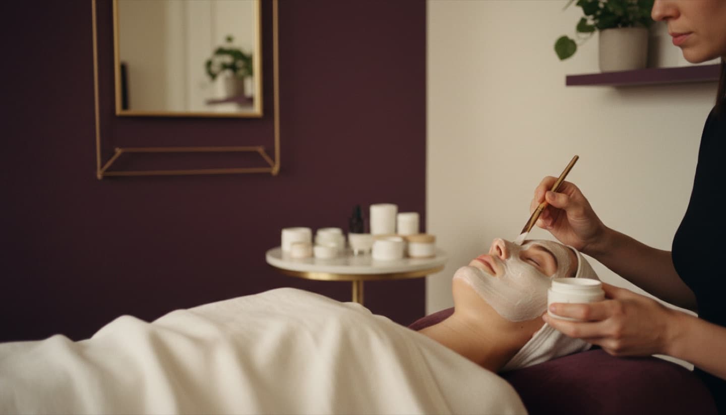 An esthetician performing a facial in a skincare studio