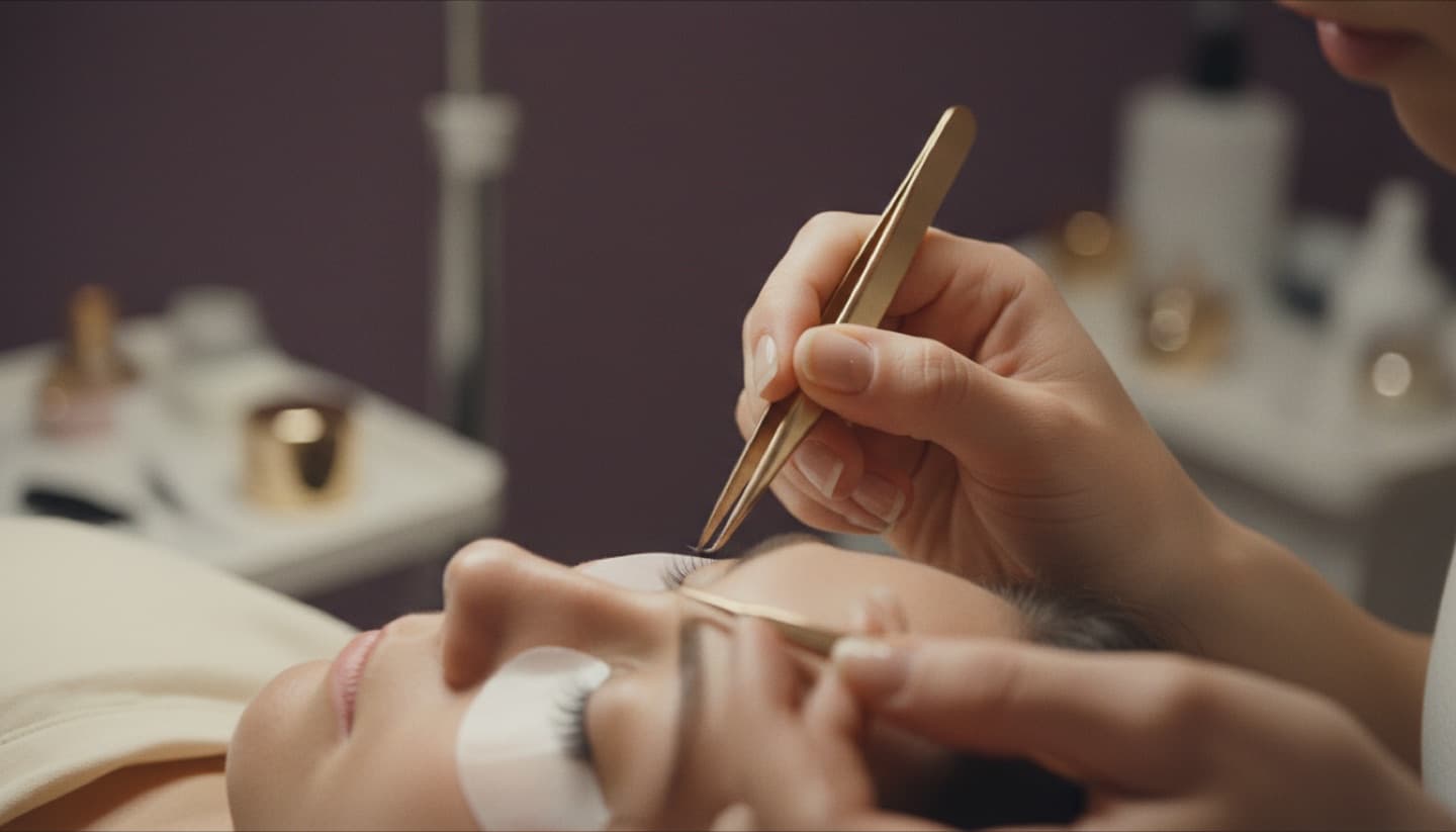 A lash artist applying extensions with tweezers