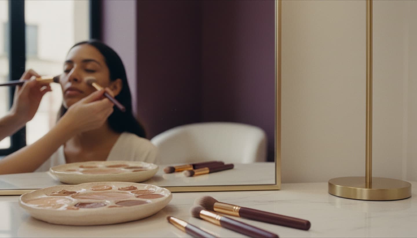 A makeup artist's hands and brushes working on a client