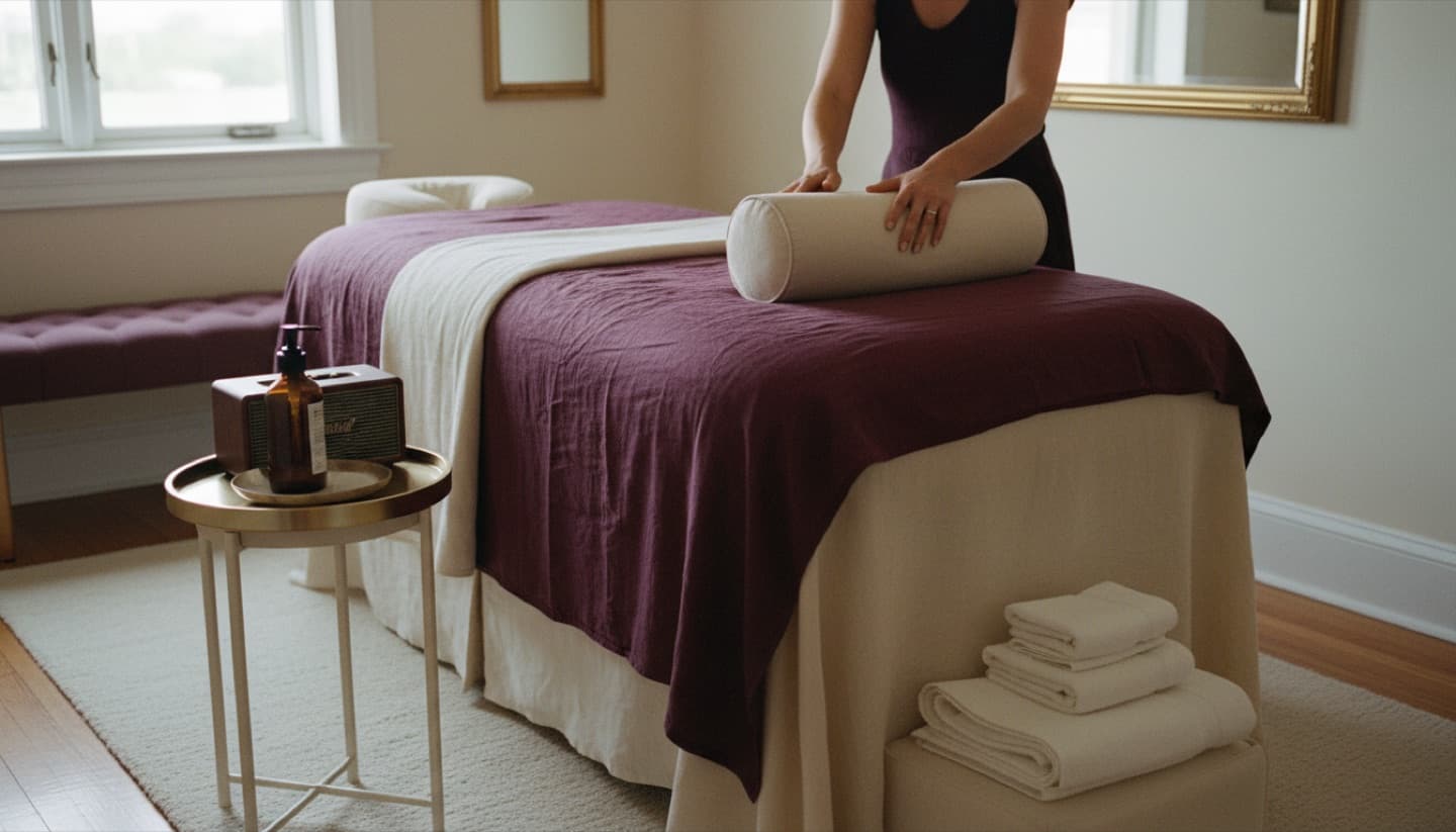 A massage therapy room with a made table and warm light