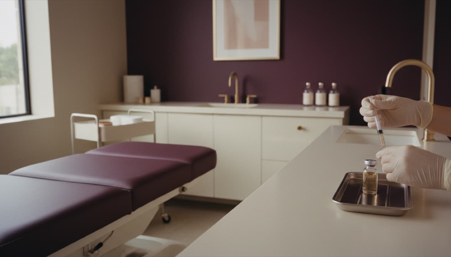 A clean modern med-spa treatment room with a practitioner preparing