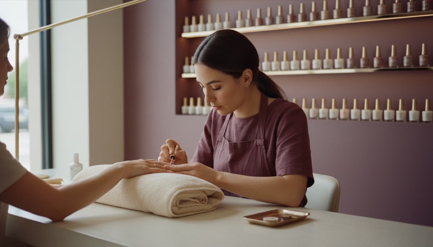 A manicurist painting a client's nails at a nail bar