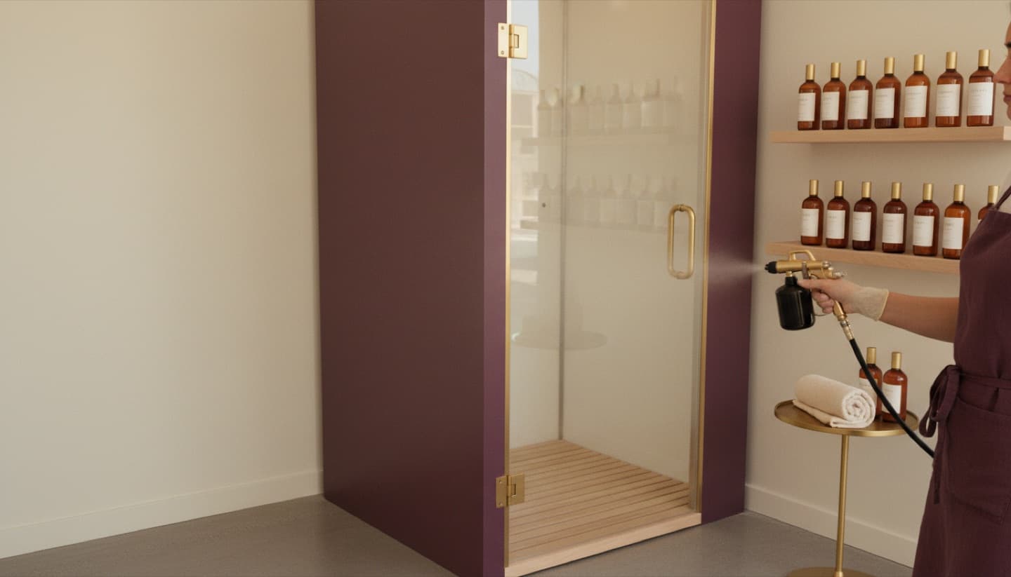 A clean modern tanning and spray-tan studio room