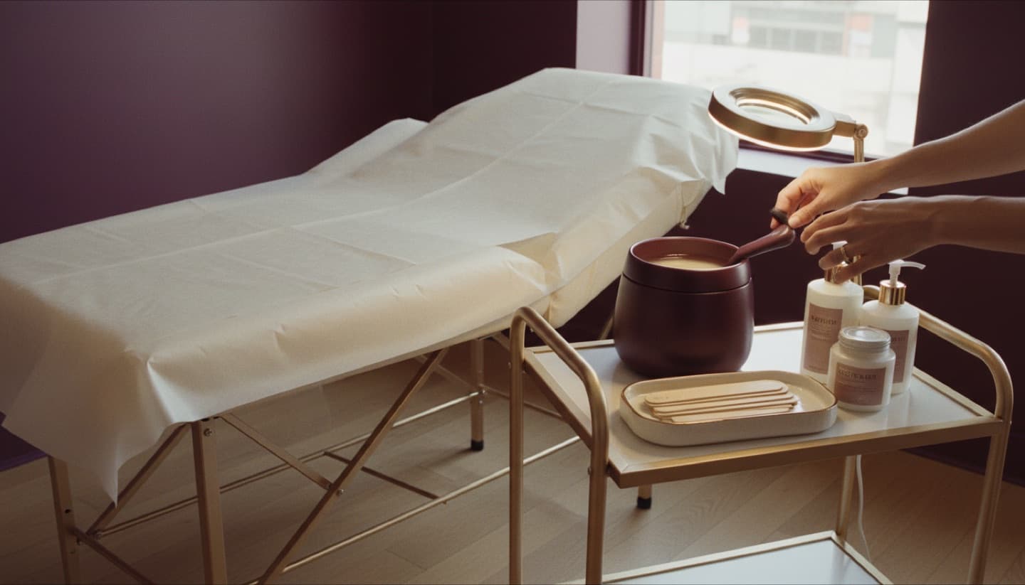 A clean waxing studio station with warm wax and supplies